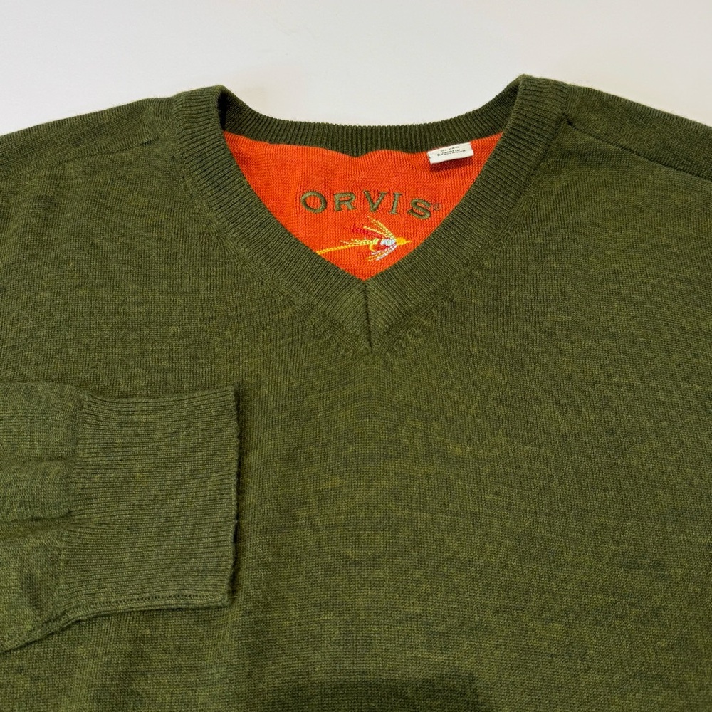 Orvis Men's XL Long Sleeve Rib Knit Sweater 100% Merino Wool Green Outdoor